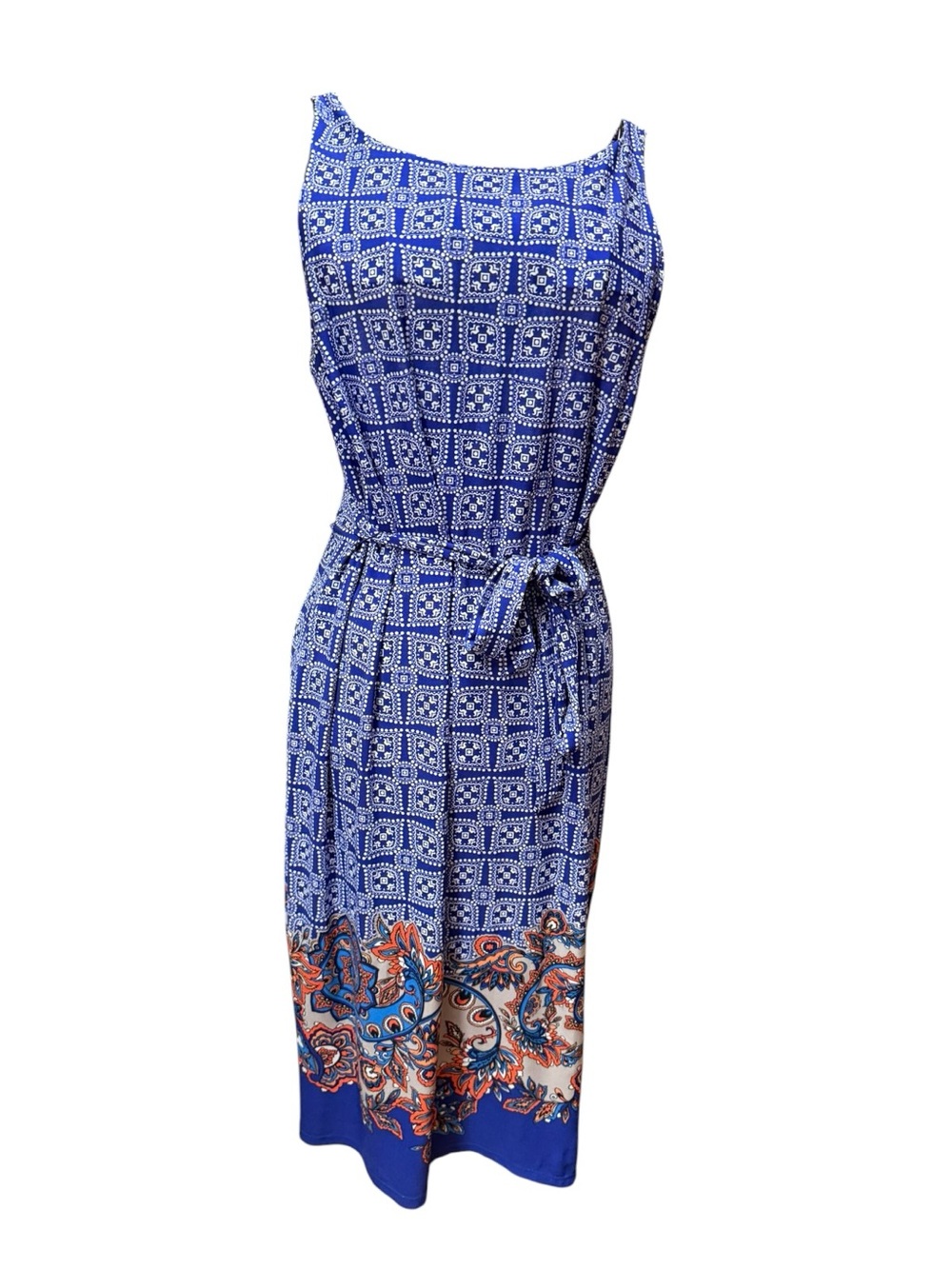 A Pea in the Pod Blue Printed Sleeveless Belted Midi Dress medium